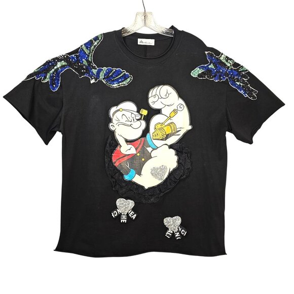 Abbandono Popeye Sequin Graphic Tee Unisex M/L Maximalist Cartoon Statement T - Picture 1 of 11